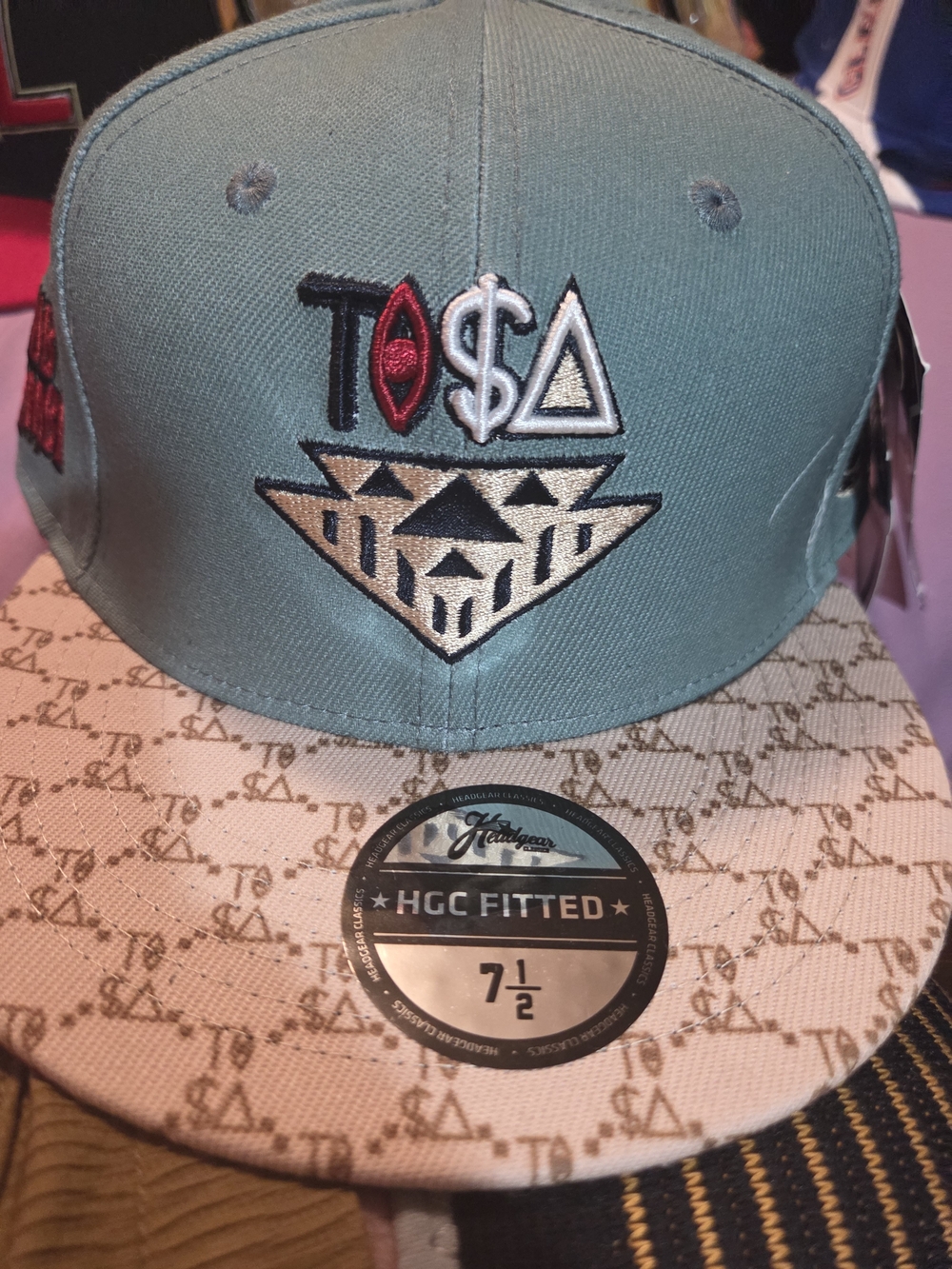 Teal & Cream Fitted Baseball Cap with Geometric Embroidery